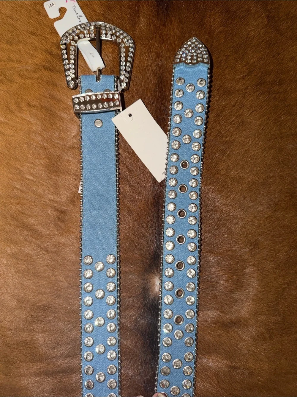 NWT True Love Rhinestone Bling Western Cowboy Belt - Light Blue Denim, Size s/m